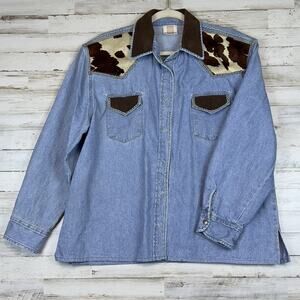 Vtg STREETS AHEAD Western Denim Shirt Large USA Suede Collar Cowhide Studs